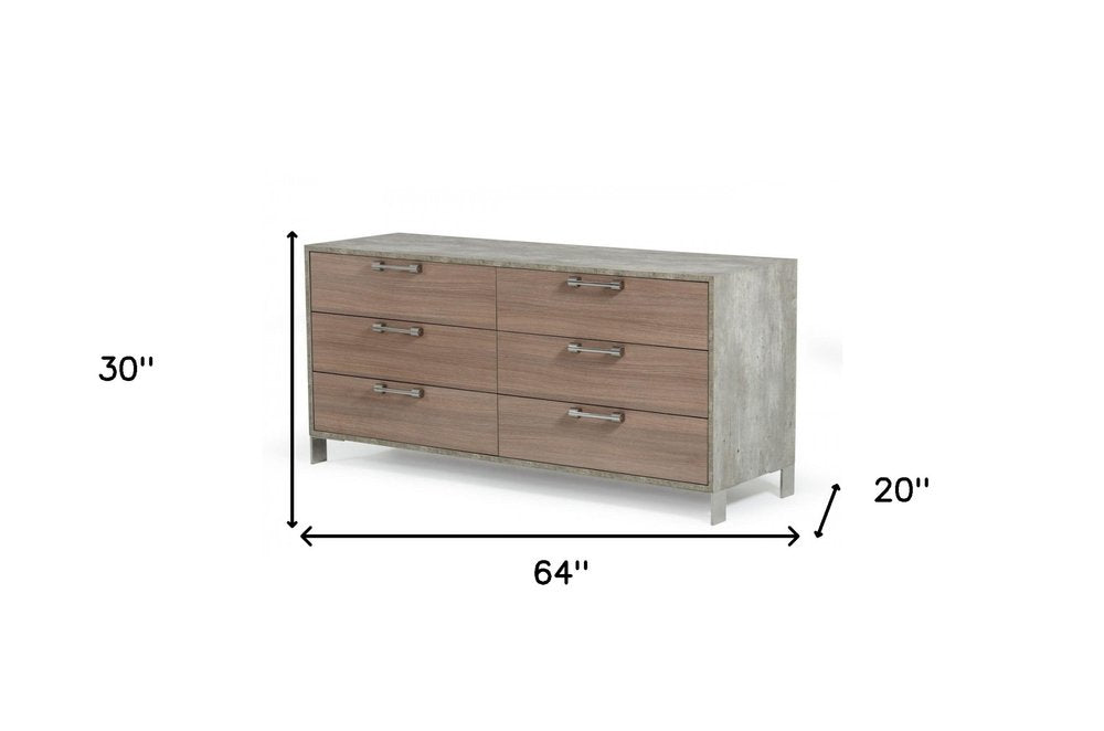 64" Brown Oak Grey Solid And Manufactured Wood Six Drawer Dresser