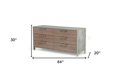 64" Brown Oak Grey Solid And Manufactured Wood Six Drawer Dresser