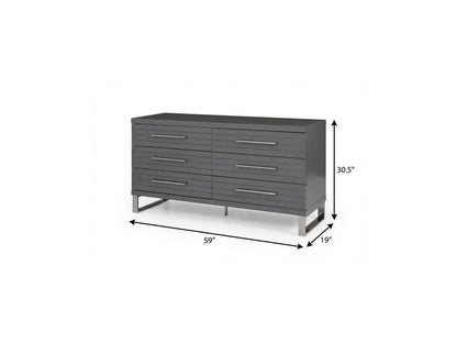 59" Grey Solid And Manufactured Wood Six Drawer Dresser