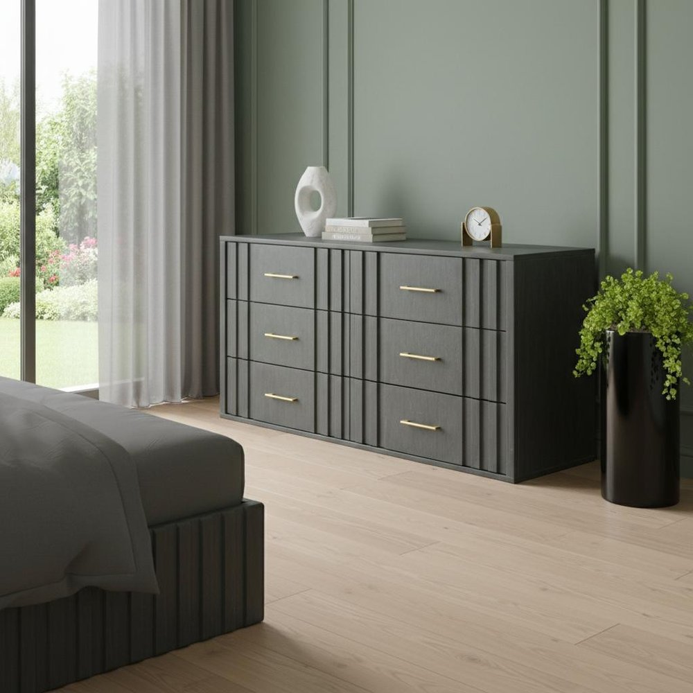 63" Dark Grey Solid And Manufactured Wood Six Drawer Dresser