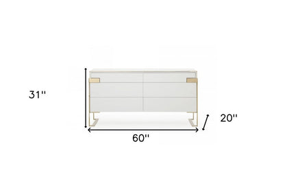 60" Gold and White Solid and Manufactured Wood Six Drawer Double Dresser