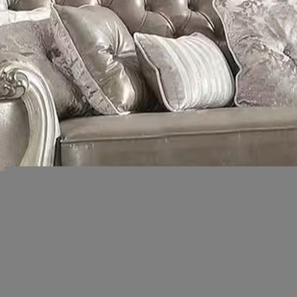 90" Gray Faux Leather Curved Sofa And Toss Pillows With Bone Legs