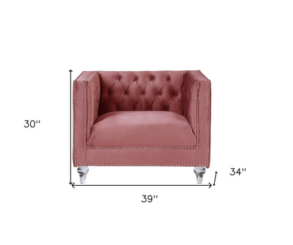 39" Pink and Black Velvet Tufted Arm Chair