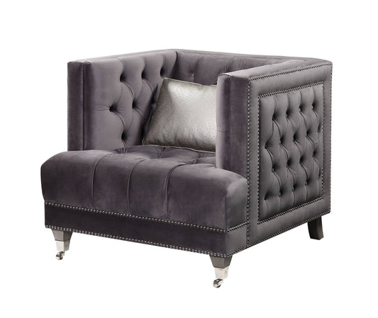38" Gray and Black Velvet Tufted Arm Chair And Toss Pillow