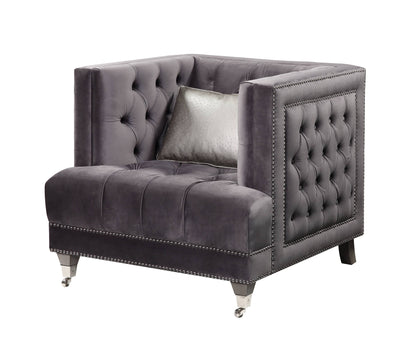38" Gray and Black Velvet Tufted Arm Chair And Toss Pillow