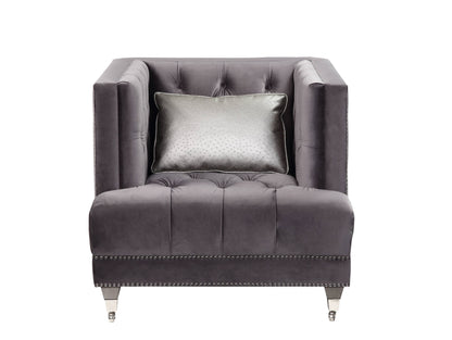 38" Gray and Black Velvet Tufted Arm Chair And Toss Pillow