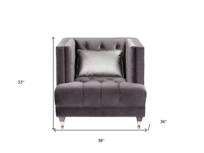 38" Gray and Black Velvet Tufted Arm Chair And Toss Pillow