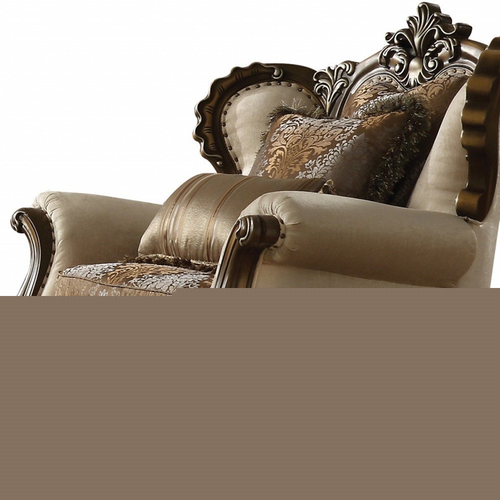 49" Tan and Brown Fabric Damask Tufted Wingback Chair And Toss Pillows