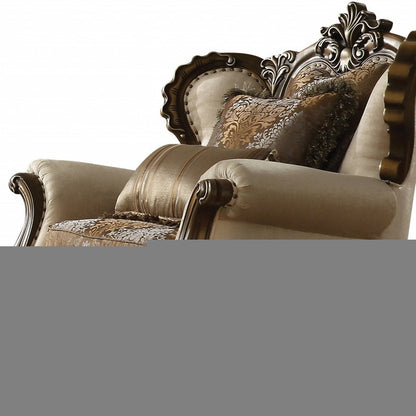 49" Tan and Brown Fabric Damask Tufted Wingback Chair And Toss Pillows