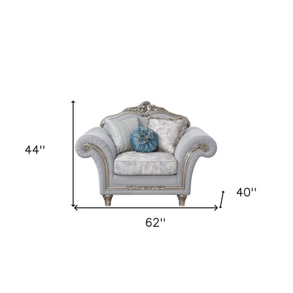 62" Light Gray and Platinum Linen Floral Club Chair And Toss Pillows