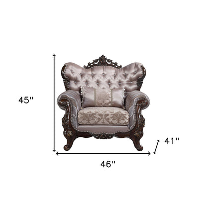 46" Light Gray and Brown Fabric Floral Tufted Arm Chair And Toss Pillow