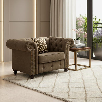 45" Brown and Black Linen Tufted Chesterfield Chair And Toss Pillow