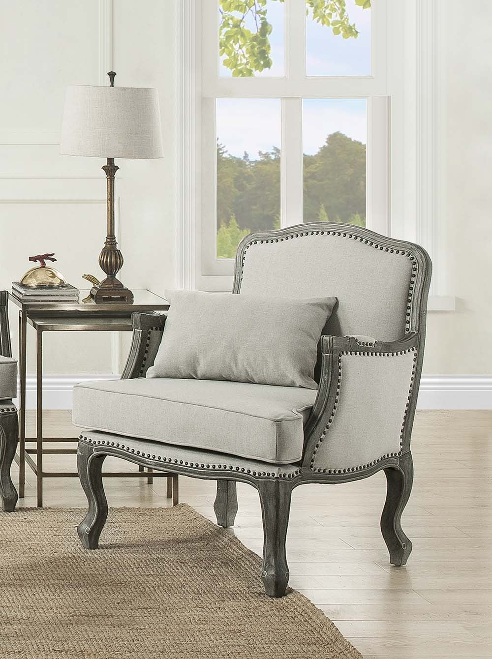 29" Cream and Brown Linen Arm Chair And Toss Pillow