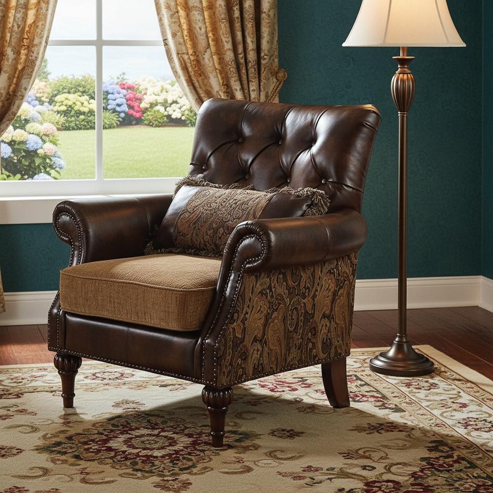 38" Brown and Black Faux Leather Floral Tufted Arm Chair And Toss Pillow