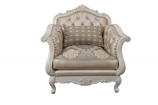 40" Beige and White Faux Leather Tufted Arm Chair And Toss Pillow