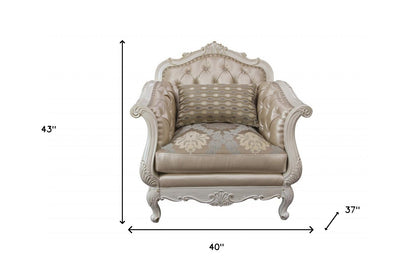 40" Beige and White Faux Leather Tufted Arm Chair And Toss Pillow