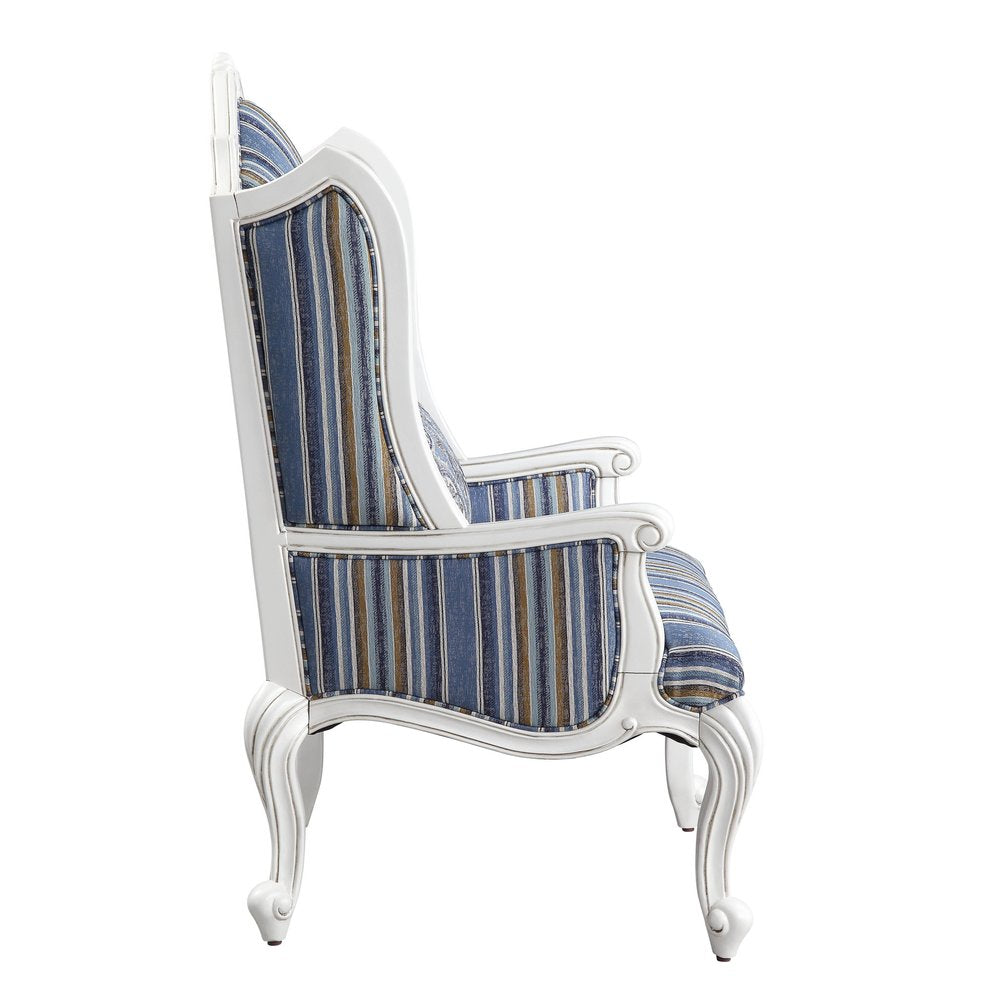 31" Blue and White Fabric Striped Wingback Chair And Toss Pillow