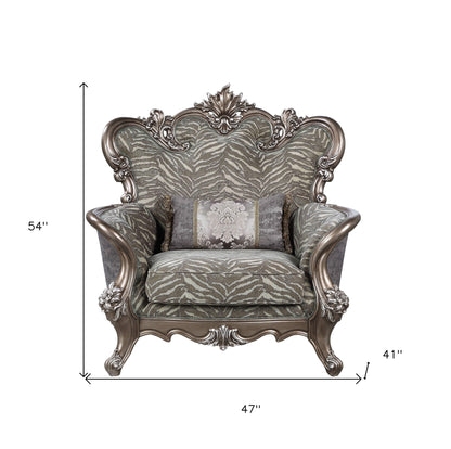 47" Gray and Antiqued Bronze Fabric Floral Tufted Wingback Chair And Toss Pillow