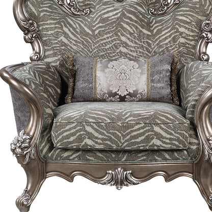 47" Gray and Antiqued Bronze Fabric Floral Tufted Wingback Chair And Toss Pillow