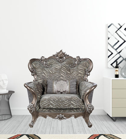 47" Gray and Antiqued Bronze Fabric Floral Tufted Wingback Chair And Toss Pillow