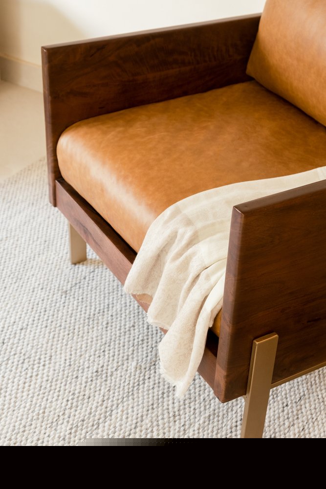 31" Brown Top Grain Leather And Solid Wood Arm Chair