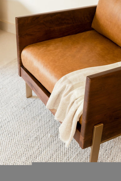31" Brown Top Grain Leather And Solid Wood Arm Chair