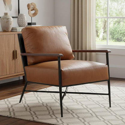 24" Brown Top Grain Leather And Black Solid Color Arm Chair