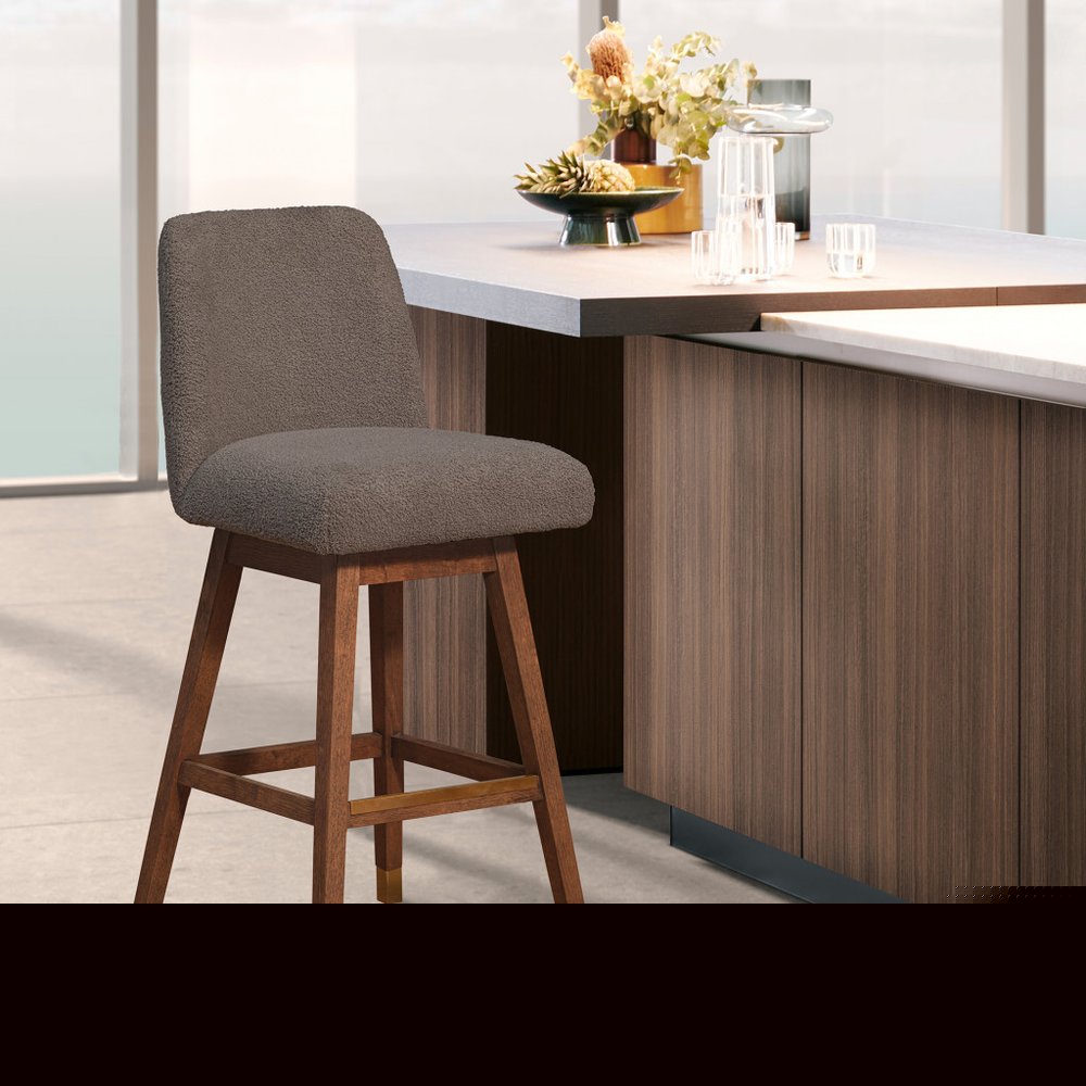 26" Taupe and Brown Solid Wood Counter Height Swivel Bar Chair