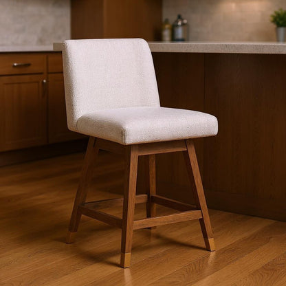 26" Beige And Brown Solid Wood Swivel Bar Height Bar Chair