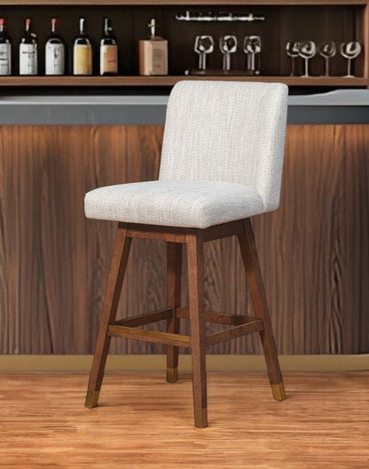 30" Beige and Wood Brown Solid Wood Bar Height Swivel Bar Chair