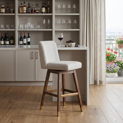 30" Beige and Wood Brown Solid Wood Bar Height Swivel Bar Chair
