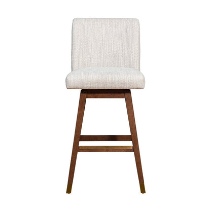 30" Beige And Brown Fabric And Solid Wood Bar Height Swivel Bar Chair