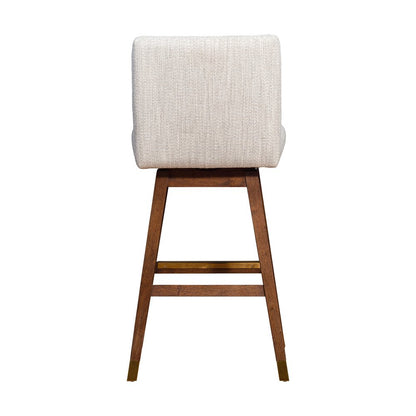 30" Beige And Brown Fabric And Solid Wood Bar Height Swivel Bar Chair