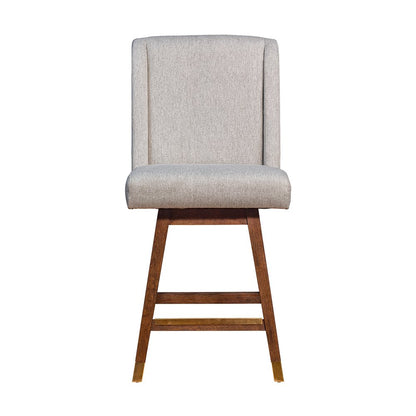 26" Taupe And Brown Fabric And Solid Wood Swivel Bar Chair