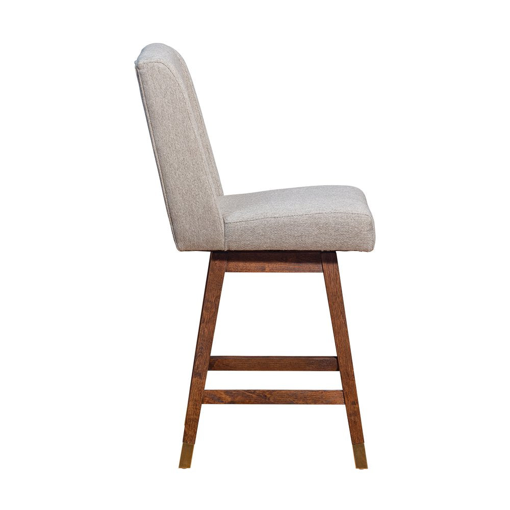 26" Taupe And Brown Fabric And Solid Wood Swivel Bar Chair