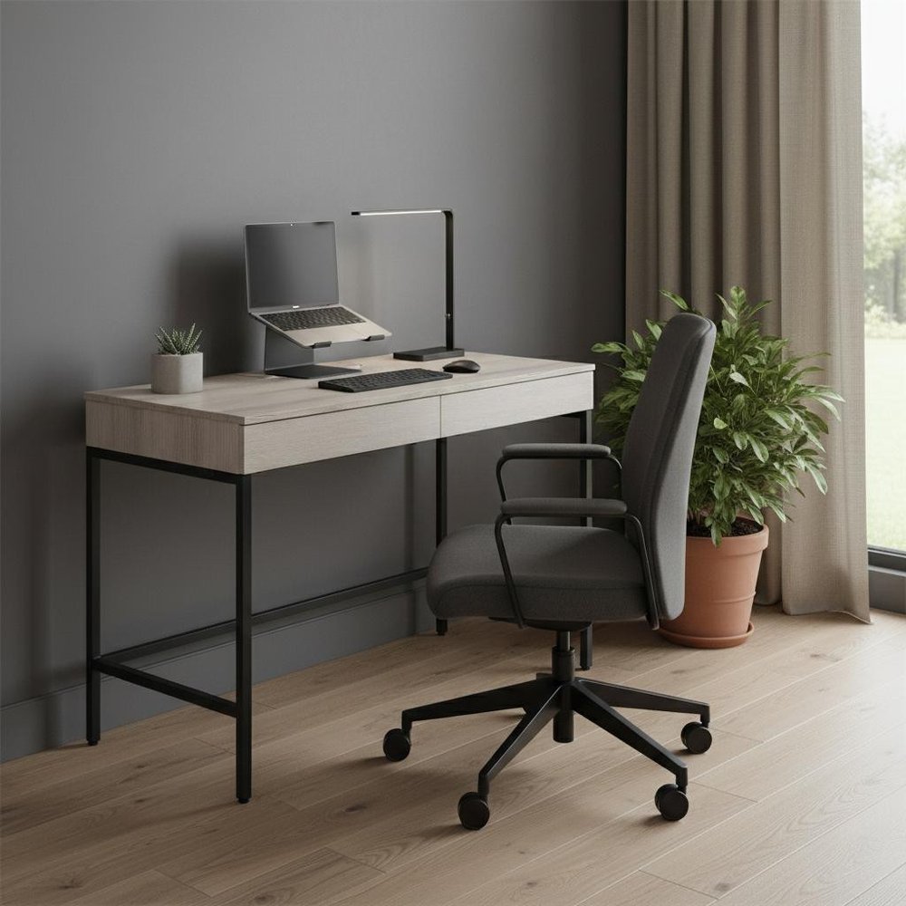 42" Natural and Black Writing Desk With Two Drawers