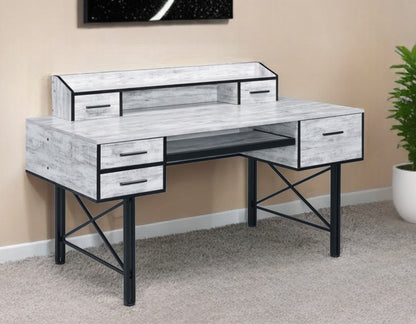 59" Antiqued White and Black Computer Desk With Five Drawers