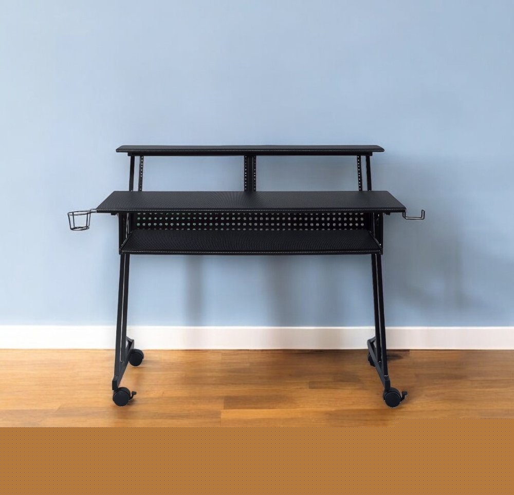 47" Black Wood and Metal Rolling Computer Desk