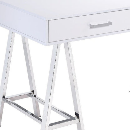 54" White and Silver Writing Desk With Two Drawers