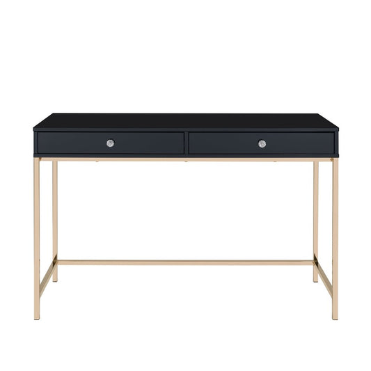 47" Black and Gold Writing Desk With Two Drawers
