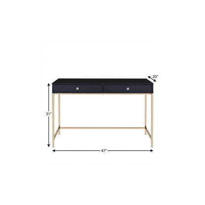 47" Black and Gold Writing Desk With Two Drawers