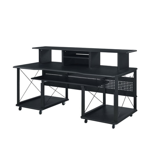 72" Black Wood and Metal Rolling Computer Desk