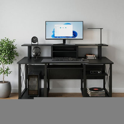 72" Black Wood and Metal Rolling Computer Desk