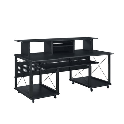 72" Black Wood and Metal Rolling Computer Desk