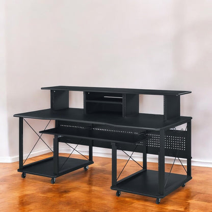 72" Black Wood and Metal Rolling Computer Desk