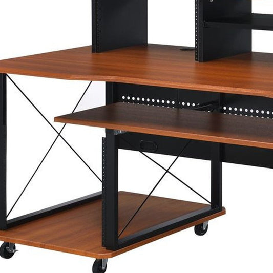 72" Brown and Black Wood and Metal Rolling Computer Desk