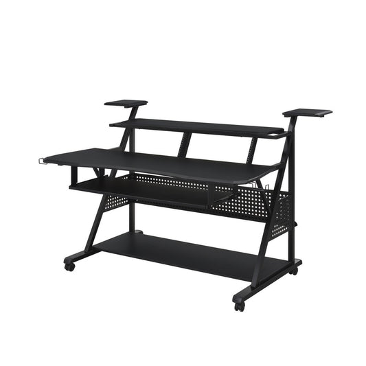 67" Black Wood and Metal Rolling Computer Desk