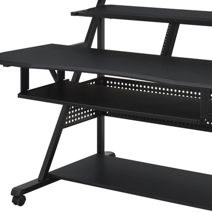 67" Black Wood and Metal Rolling Computer Desk