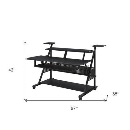 67" Black Wood and Metal Rolling Computer Desk