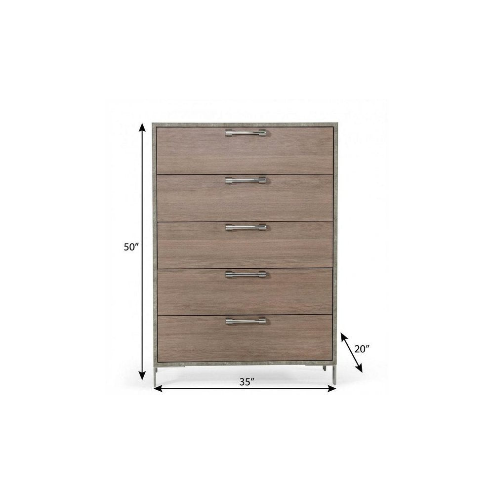 35" Brown Oak And Grey Solid And Manufactured Wood Five Drawer Chest
